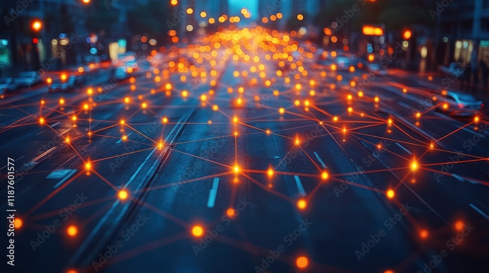 Obraz premium A street scene illuminated with a network of glowing connections.