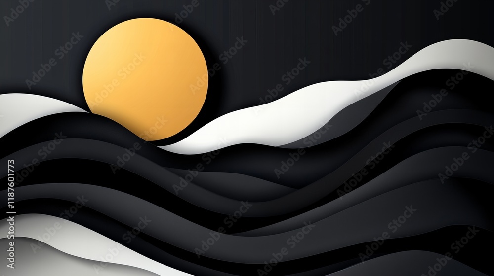 Fototapeta premium Abstract art of waves and a sun in black, white, and gold. Minimalist design.