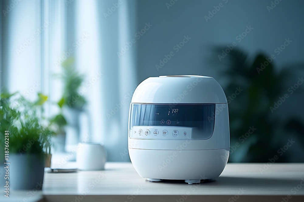 Modern White Electronic Humidifier Sits on Wooden Table Modern White Electronic Humidifier Sits on Wooden Table