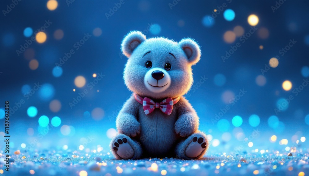 Fototapeta premium Adorable teddy bear with a bowtie in a dreamy blue night setting