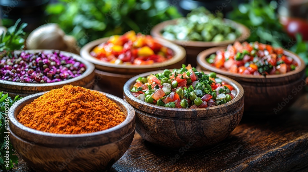 Colorful bowls of spices and fresh vegetables. Colorful bowls of spices and fresh vegetables.