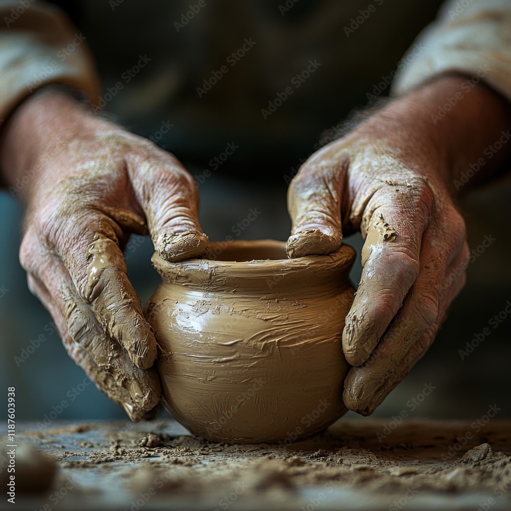 Hands Crafting Pottery with Clay on Artisan Table Hands Crafting Pottery with Clay on Artisan Table