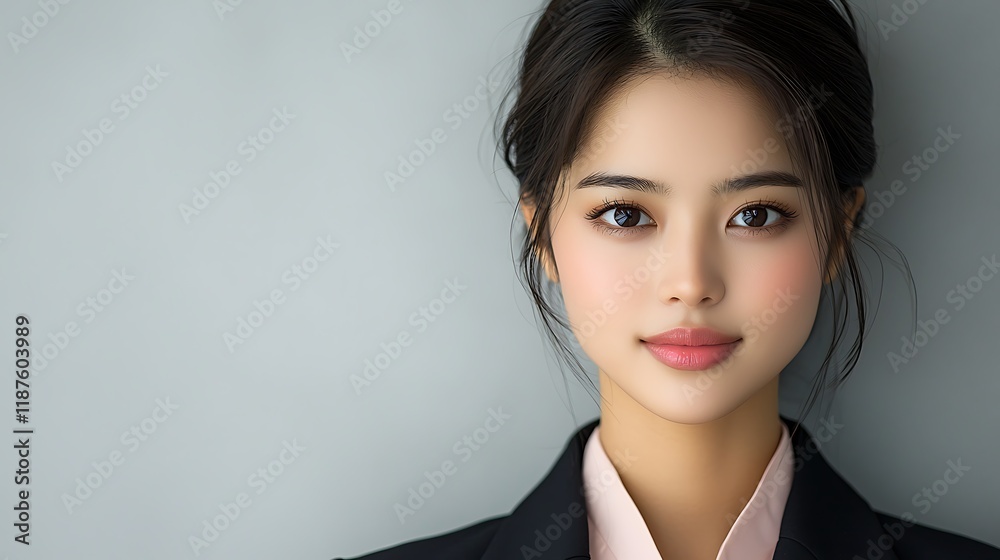 A Chinese woman in professional attire, her delicate facial features highlighted by soft office lighting, standing against a sleek wall with a black coat and pink lining, photo-realistic A Chinese woman in professional attire, her delicate facial features highlighted by soft office lighting, standing against a sleek wall with a black coat and pink lining, photo-realistic