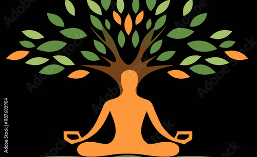 Serene Meditation Silhouette Under Colorful Tree - Yoga Pose Blissful Mindfulness and Nature Harmony Illustration