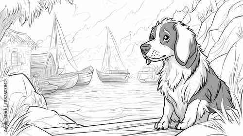 Charming Cartoon Dog by Serene Lake with Fishing Boats and Quaint Cottage in Black and White Line Art Illustration Capturing Nature and Tranquility