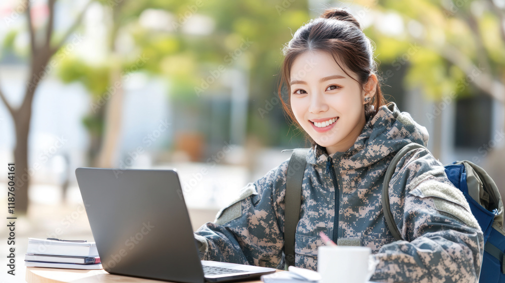 Korean woman in army uniform smiling, working with a laptop at tent Korean woman in army uniform smiling, working with a laptop at tent