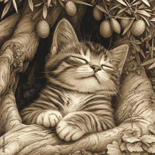 Adorable Tabby Kitten Sleeping Peacefully in a Natural Tree Hollow with Decorative Olive Branches and Eggs in a Sepia-Toned Artistic Illustration for Nature Lovers