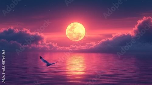 Seagull flying over tranquil ocean at sunset with large full moon.