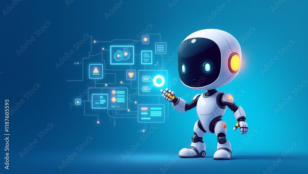 A cute futuristic robot interacting with a glowing digital data interface on a vibrant blue background. The robot has a sleek design with friendly features, surrounded by interactive data panels and g A cute futuristic robot interacting with a glowing digital data interface on a vibrant blue background. The robot has a sleek design with friendly features, surrounded by interactive data panels and g