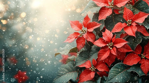 Vibrant poinsettias with a festive background.
