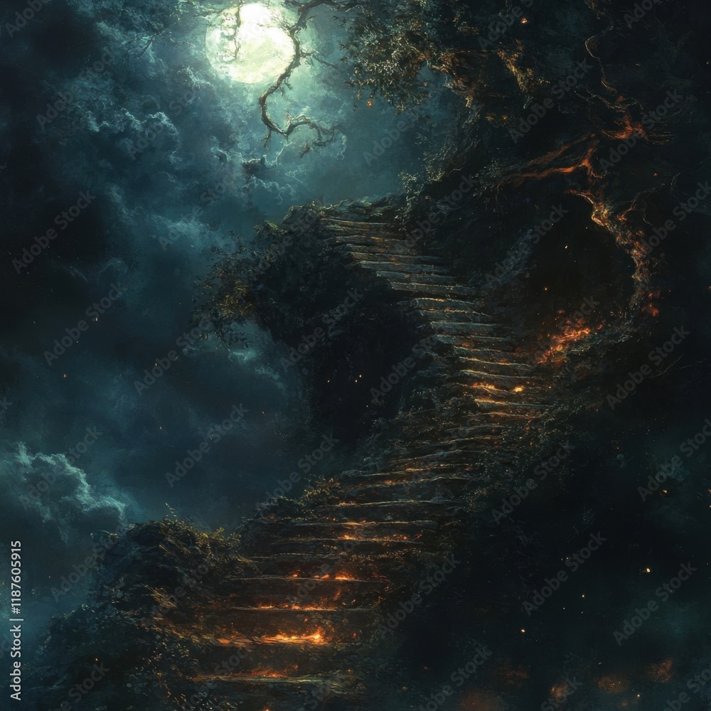 Obraz premium Mystical Pathway Through Enchanted Forest at Night