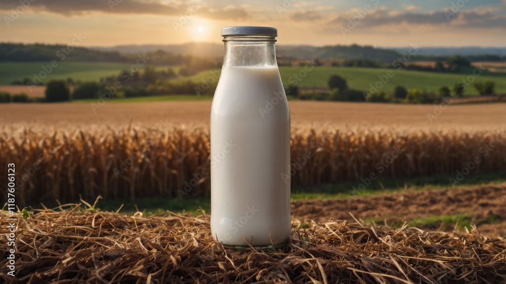 Glass bottle of milk in a field at sunset. Fresh, farm-to-table imagery. Glass bottle of milk in a field at sunset. Fresh, farm-to-table imagery.