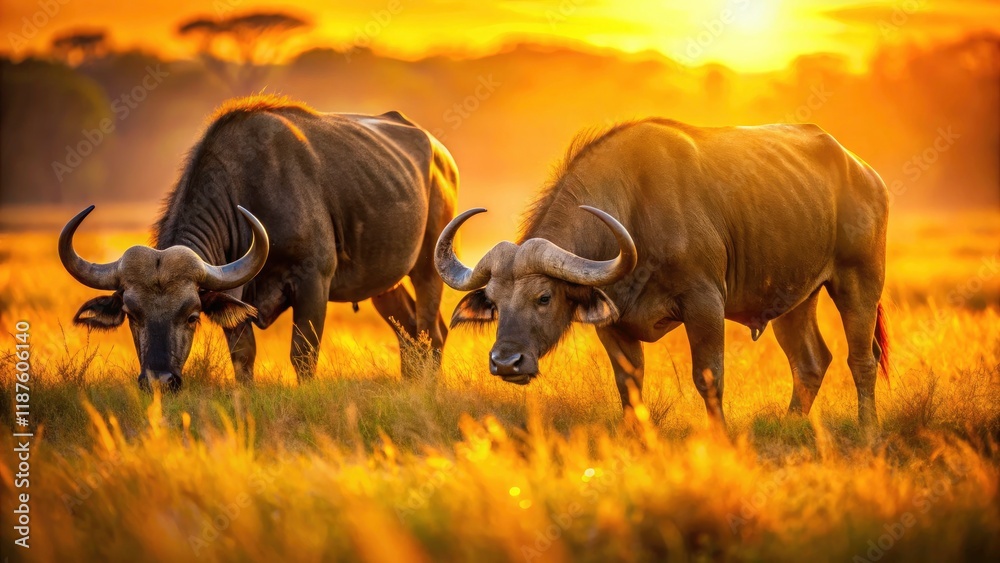 Obraz premium Majestic Buffalo Herd, African Savannah, Wildlife Photography, High-Resolution Image, Depth of Field, Nature, Wild Animals