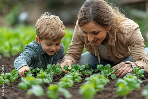 Wallpaper Mural Mother and Son Planting Young Green Plants Together Torontodigital.ca