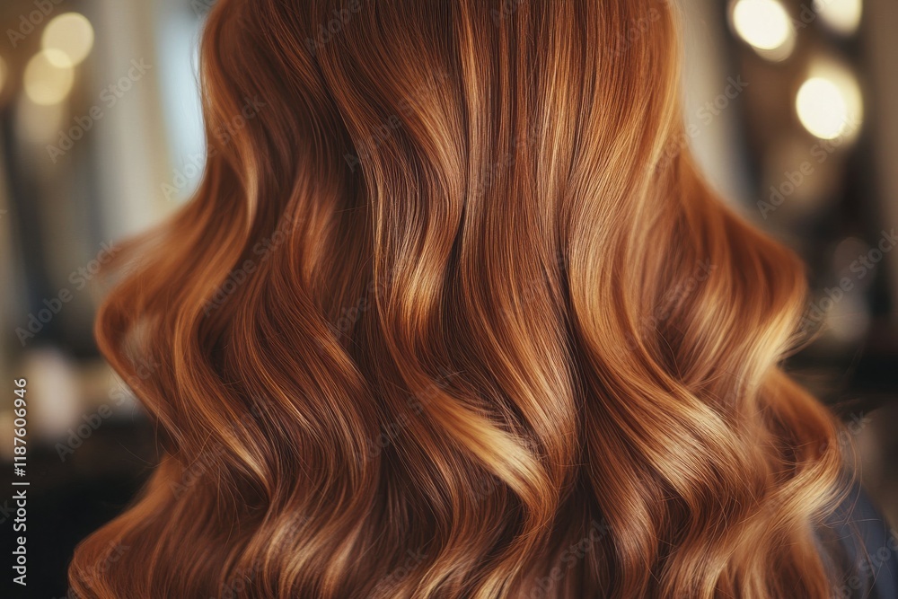 Fototapeta premium Close-up of chestnut hair in soft waves with highlights and hairpins