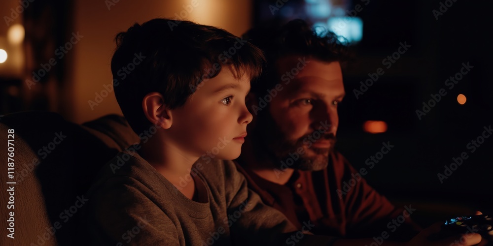 The image captures a warm moment between a father and son watching television in a cozy living room, illustrating family bonding and shared leisure time. The image captures a warm moment between a father and son watching television in a cozy living room, illustrating family bonding and shared leisure time.