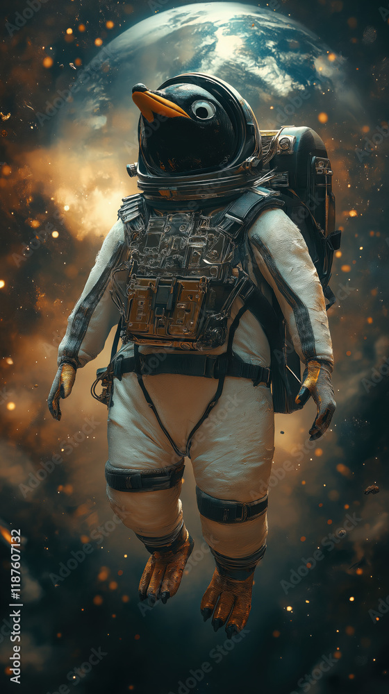 Fototapeta premium Penguin in Futuristic Spacesuit Floating in Space with Earth in the Background