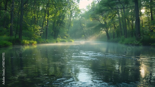Serene misty river flowing through lush green forest at sunrise.