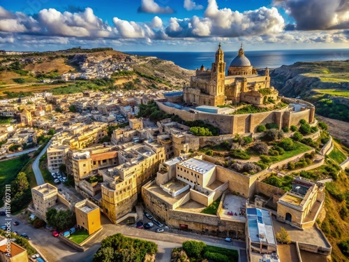 Aerial View of Victoria, Gozo, Malta: Drone Photography of Citadel & Cityscape photo