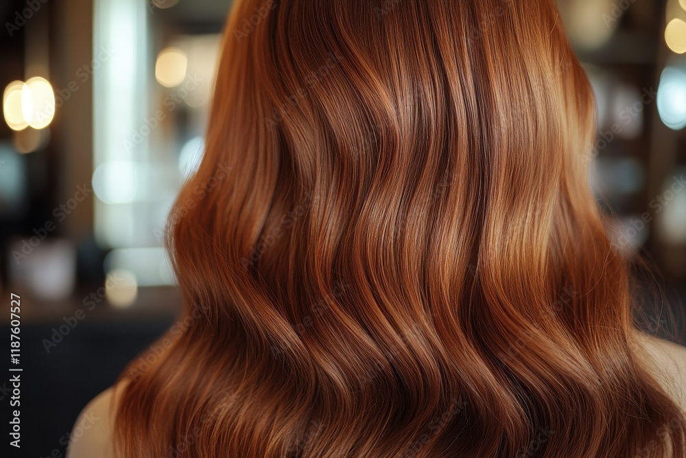 Fototapeta premium Close-up of chestnut hair in soft waves with highlights and hairpins