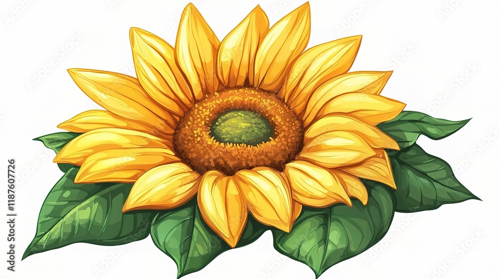 Naklejka premium Radiant Sunflower: A close-up illustration of a sunflower with bright yellow petals and a detailed center, set against a minimalist backdrop, evoking the warmth of summer.
