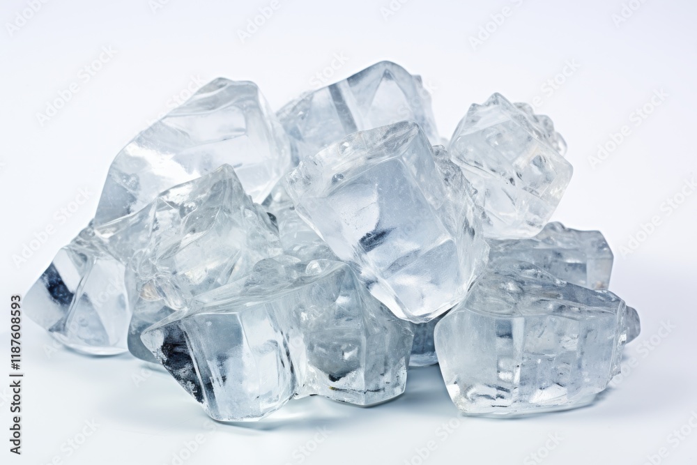 Clear ice cubes arranged in a pile for beverage cooling and culinary use at home or bars Clear ice cubes arranged in a pile for beverage cooling and culinary use at home or bars