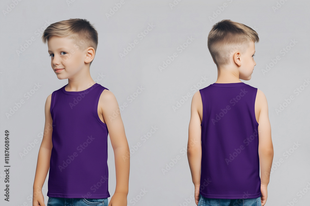 boy wearing a purple sleeveless t-shirt tank top mockup front and back used as a design template boy wearing a purple sleeveless t-shirt tank top mockup front and back used as a design template