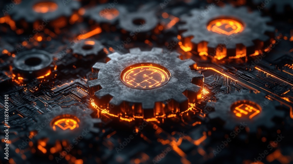 A close-up of glowing gears on a circuit board background. A close-up of glowing gears on a circuit board background.