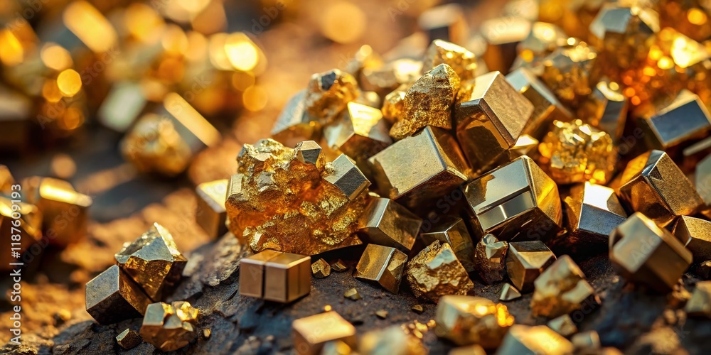 Aerial View: Sparkling Pyrite Crystal Cluster on Rough Terrain Aerial View: Sparkling Pyrite Crystal Cluster on Rough Terrain