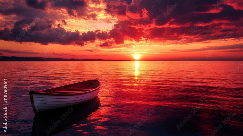 Serene sunset over calm water with a small boat. Serene sunset over calm water with a small boat.