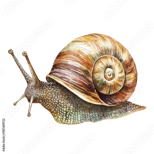 A watercolor vector painting of a Snail, isolated on a white background. Snail vector.

