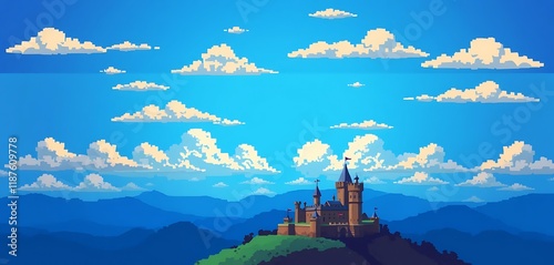 Wallpaper Mural Pixel Art Castle Hilltop Landscape Blue Sky Clouds Mountains Torontodigital.ca