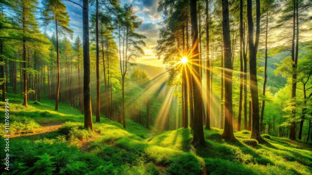 Obraz premium Golden Hour Forest Sunrays AI Photo, Panoramic View