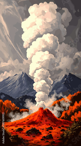 Majestic Volcanic Eruption with Dramatic Smoke Plume, Steaming Lava, Fiery Landscape, Surrounded by Mountains, Intense Colors, Nature's Power, Adventure, Environment