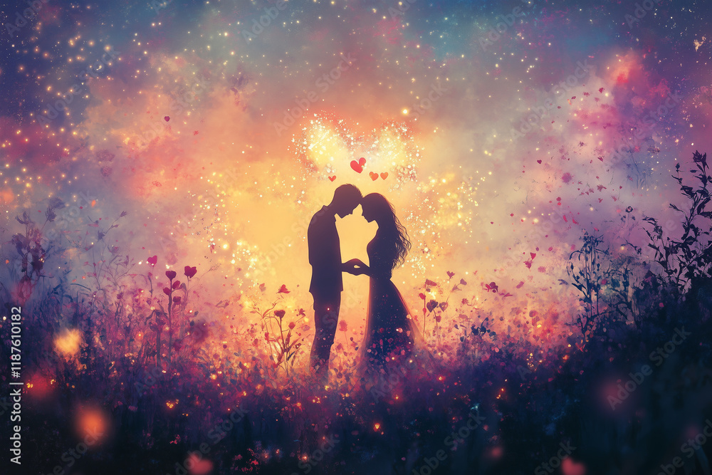 The couple met in a fairy-tale atmosphere with colored lights all around. Wallpaper for Valentine's Day