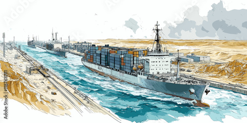 Panoramic Illustration of a Cargo Container Ship Navigating the Suez Canal with Arid Desert Surroundings and Blue Sky - Global Trade Route and Maritime Transport