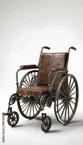 Antique Wheelchair: Rustic Leather and Metal Design