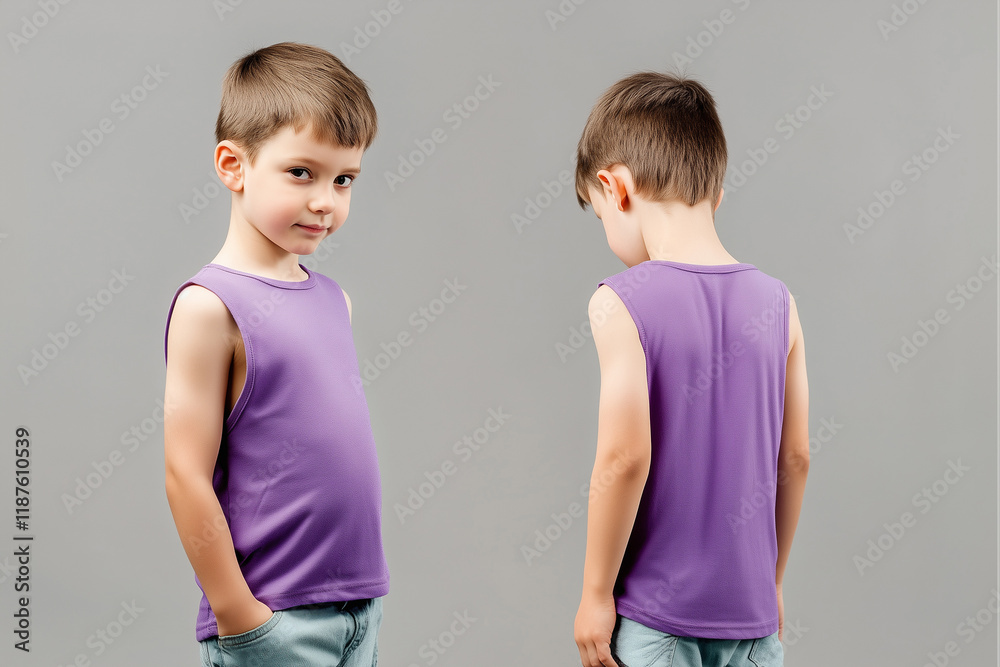 boy wearing a purple sleeveless t-shirt tank top mockup front and back used as a design template boy wearing a purple sleeveless t-shirt tank top mockup front and back used as a design template
