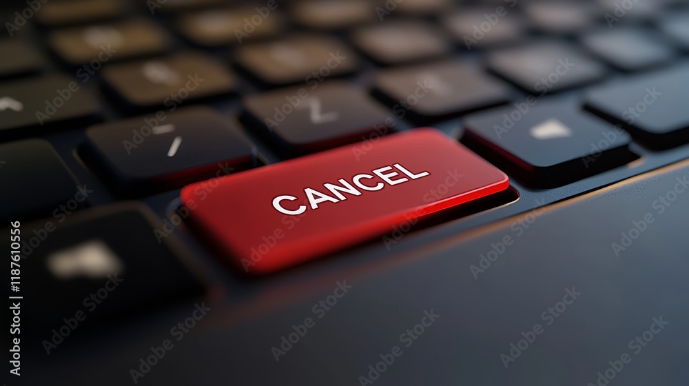 Close-up of red cancel button on keyboard in dramatic light setting Close-up of red cancel button on keyboard in dramatic light setting