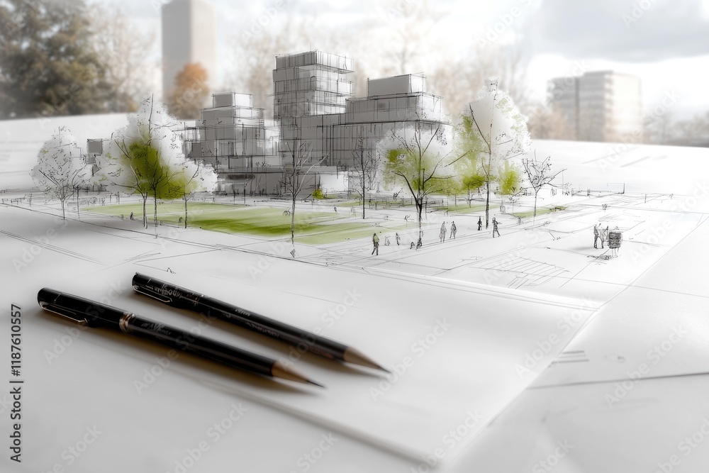 Obraz premium Urban planning, sketch of sustainable design, emphasizing green spaces, walkable zones, eco-friendly features for modern, efficient city layout.