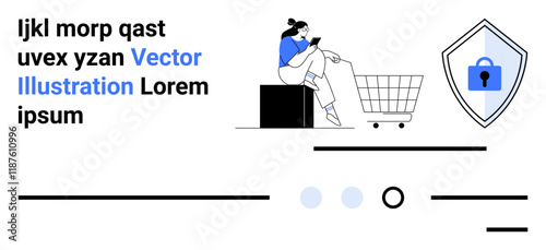Shopping cart, woman using phone, lock-inscribed shield visualizing e-commerce, security, online shopping, modern technology, and user safety. Ideal for digital security, e-commerce platforms