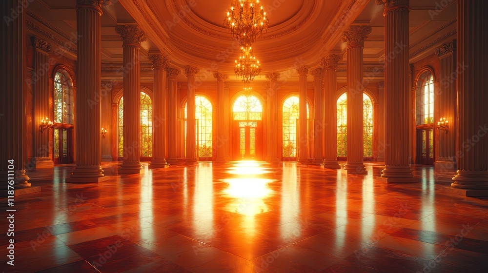 Obraz premium Grand hall illuminated by sunset glow.