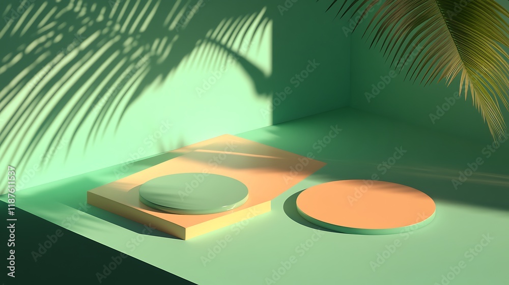 Obraz premium Minimalist Green And Orange Display Platforms With Palm Shadow