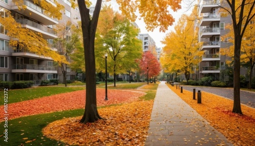 Peaceful Autumn Urban Park with Trees Shedding Colorful Leaves, Well-Maintained Pathways Surrounded by Fall Foliage, Sunlight Filtering Through Trees, Framed by Modern Apartments photo