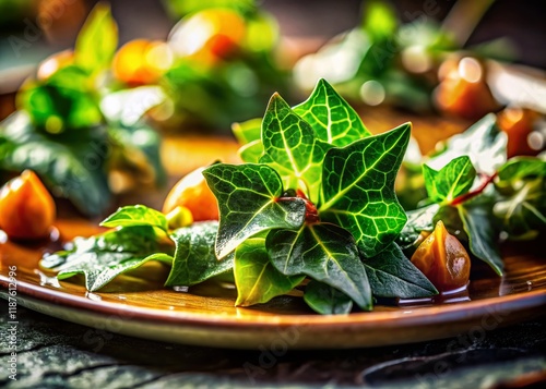 Algerian Ivy 'Gloire de Marengo' Garnishing Gourmet Dish, Close-Up Food Photography photo