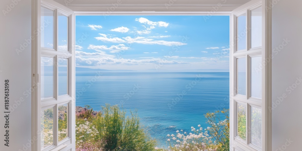 Fototapeta premium Beautiful coastal view from an open window with clear blue skies and tranquil waters during daylight