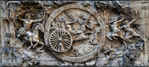 An Assyrian carving depicting a lion hunt, with King Ashurbanipal and his warriors, originating from Mesopotamia and the Middle East photo