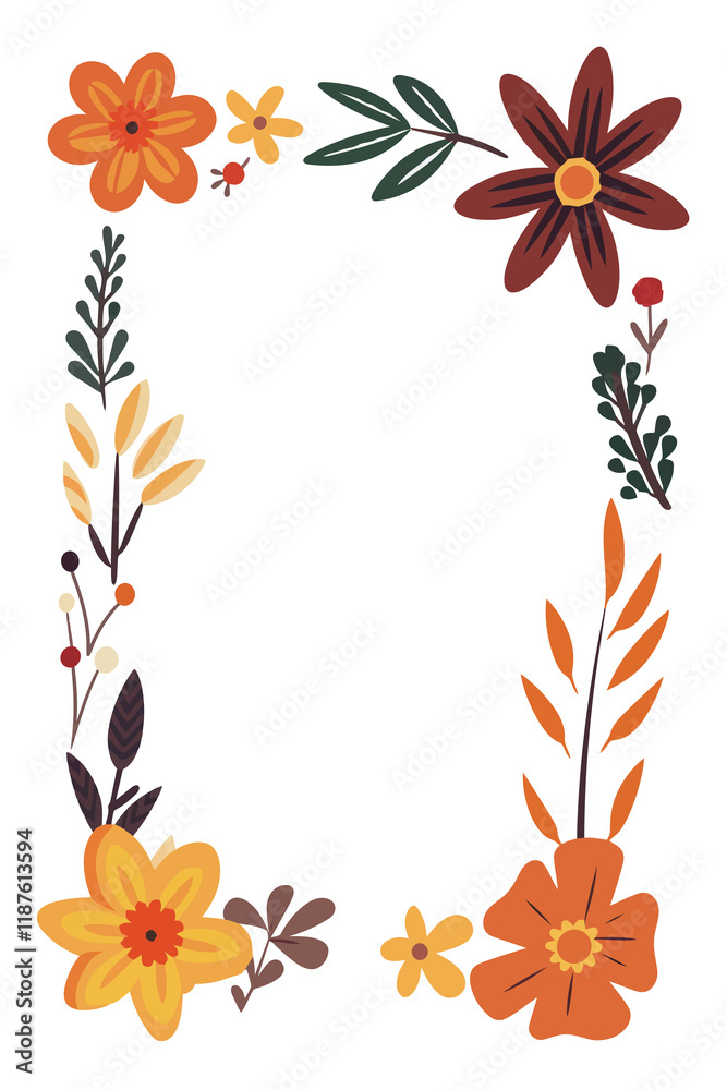Obraz premium Tall Minimal Floral Border with Orange Red Blooms