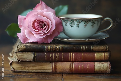 Pink Rose Teacup Antique Books Resting On Wooden Table photo