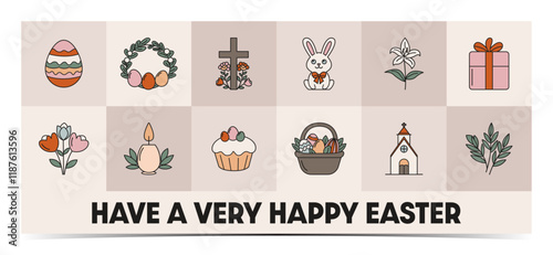 Cute pastel Easter banner, greeting card, cover, poster, leaflet with colorful icons on the beige geometric background, vector illustration